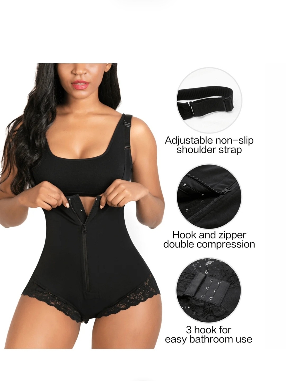 Shaperx Black  -Lace Trim Shapewear Bodysuit -crotch Faja